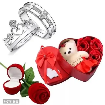 Valentine Special Adjustable His And Hers Engagement Ring Set With Artificial Red Rose Flower Box And Soft Teddy Bear For Girlfriend, Wife, Lover-thumb0