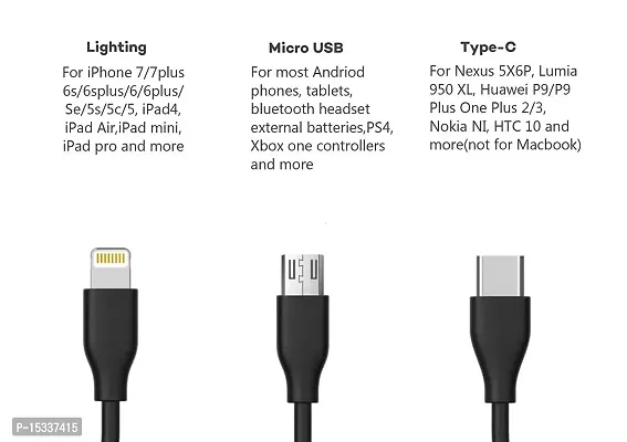 Siwi 3-in-1 Charging Cable for Gionee P7 USB Cable 3-in-1 Multi Quick Charge Fast Charging Charger Cable for All Micro USB, iPh and Type-C Devices (3.1 Amp, 1 Meter/3.3 Feet, BM2, Black)-thumb2