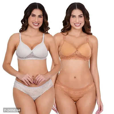 BLACK ME Women's Light Padded Lace Work Honeymoon Bra and Panty Set for Girls Women's (COMBO-05-32-S, White, Beige, S) Set of 2