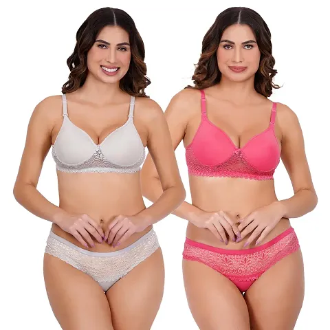 ME Women's Light Padded Lace Work Honeymoon Bra and Panty Set for Girls Women's (COMBO-06-34-M, White, Pink, M) Set of 2