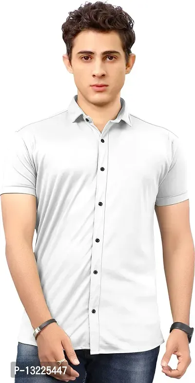 SR Enterprise Men's Lycra Blend Solid Half Sleeve Casual Spread Collared Shirt {White} {Size:- X-Large}-thumb0