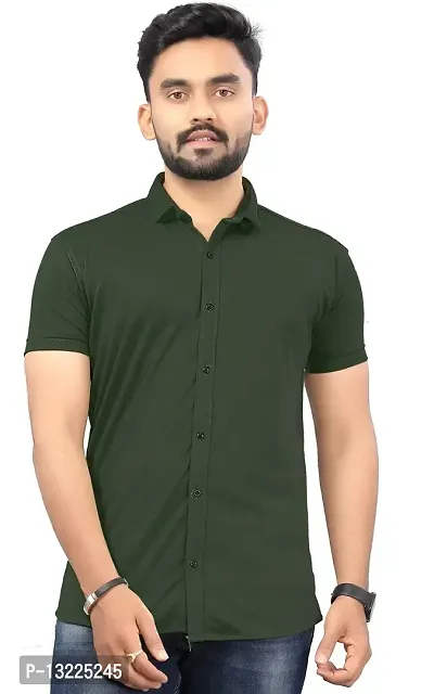 SR Enterprise Men's Lycra Blend Solid Half Sleeve Casual Spread Collared Shirt (Green) (Size: Small)