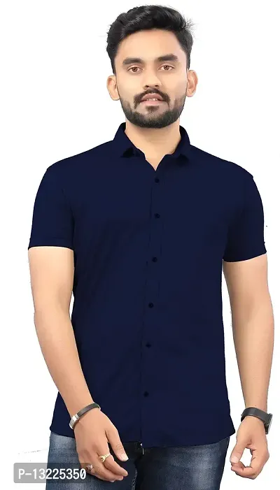 SR Enterprise Men's Lycra Blend Solid Half Sleeve Casual Spread Collared Shirt (Navy Blue) (Size: XX-Large)