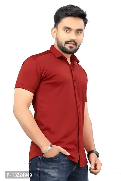 SR Enterprise Men's Lycra Blend Solid Half Sleeve Casual Spread Collared Shirt (Maroon) (Size: X-Large)-thumb3