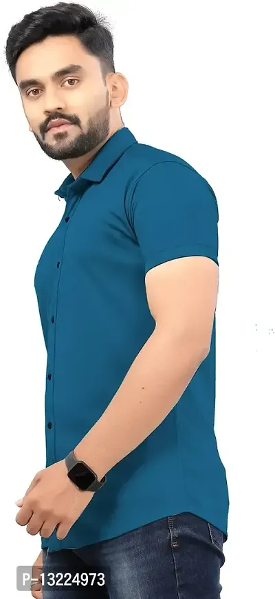 SR Enterprise Men's Lycra Blend Solid Half Sleeve Casual Spread Collared Shirt (Blue) (Size: Medium)-thumb3