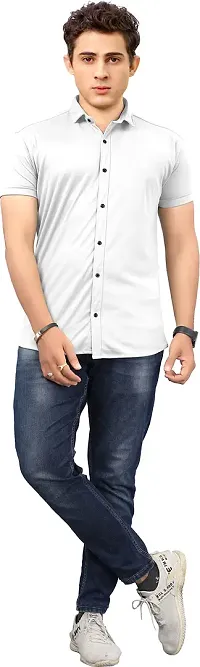 SR Enterprise Men's Lycra Blend Solid Half Sleeve Casual Spread Collared Shirt {White} {Size:- X-Large}-thumb4