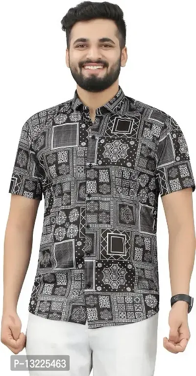 SR Enterprise Men's Lycra Blend Geometric Half Sleeve Casual Spread Collared Shirt (Black & White)-(Size:- Medium)