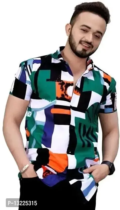 SR Enterprise Men's Lycra Blend Solid Half Sleeve Casual Spread Collared Shirt (Green & Multicolor) (Size:- Small)