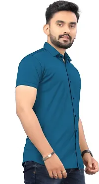 SR Enterprise Men's Lycra Blend Solid Half Sleeve Casual Spread Collared Shirt (Blue) (Size: Medium)-thumb3