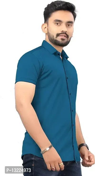 SR Enterprise Men's Lycra Blend Solid Half Sleeve Casual Spread Collared Shirt (Blue) (Size: Medium)-thumb4