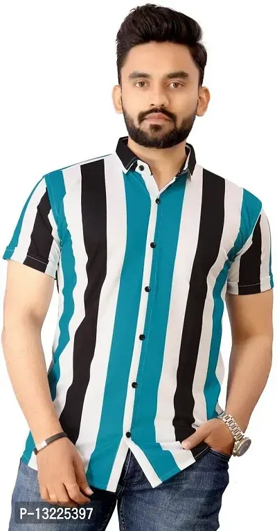 SR Enterprise Men's Lycra Blend Striped Half Sleeve Casual Spread Collared Shirt (White & Blue) (Size:- Medium)