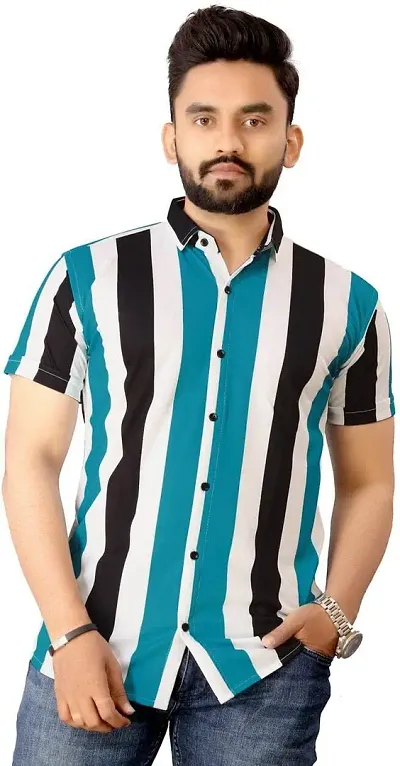 SR Enterprise Men's Lycra Blend Striped Half Sleeve Casual Spread Collared Shirt (White & Blue) (Size:- Medium)