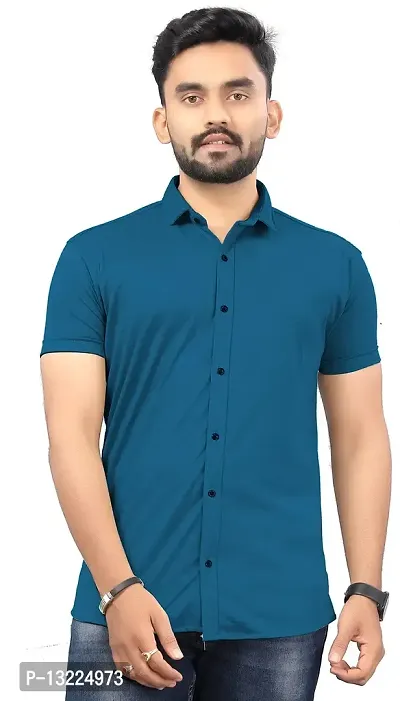 SR Enterprise Men's Lycra Blend Solid Half Sleeve Casual Spread Collared Shirt (Blue) (Size: Medium)-thumb0