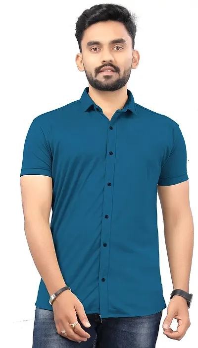 SR Enterprise Men's Lycra Blend Solid Half Sleeve Casual Spread Collared Shirt (Blue) (Size: Medium)