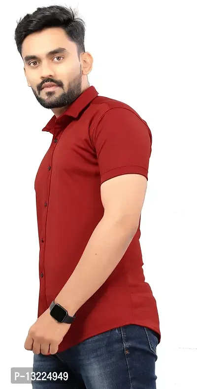 SR Enterprise Men's Lycra Blend Solid Half Sleeve Casual Spread Collared Shirt (Maroon) (Size: X-Large)-thumb4