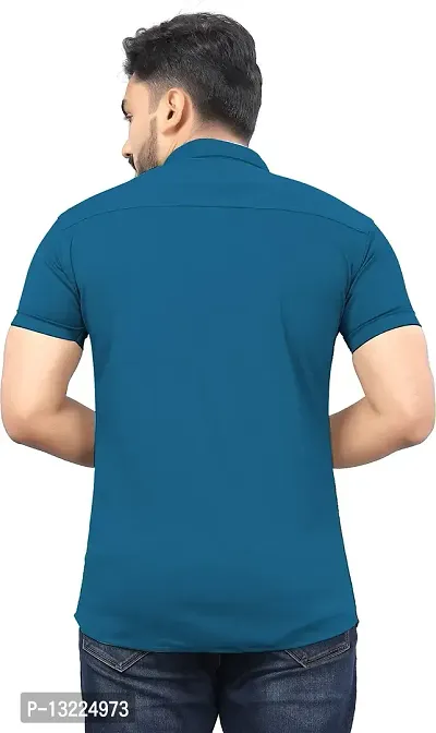 SR Enterprise Men's Lycra Blend Solid Half Sleeve Casual Spread Collared Shirt (Blue) (Size: Medium)-thumb2