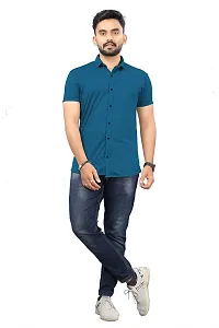 SR Enterprise Men's Lycra Blend Solid Half Sleeve Casual Spread Collared Shirt (Blue) (Size: Medium)-thumb4