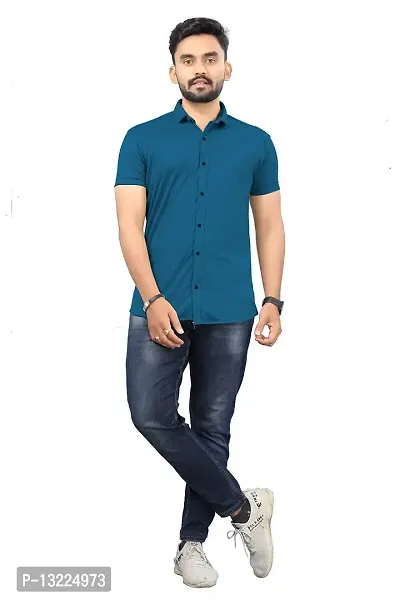 SR Enterprise Men's Lycra Blend Solid Half Sleeve Casual Spread Collared Shirt (Blue) (Size: Medium)-thumb5