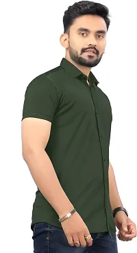 SR Enterprise Men's Lycra Blend Solid Half Sleeve Casual Spread Collared Shirt (Green) (Size: Small)-thumb3