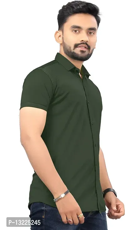 SR Enterprise Men's Lycra Blend Solid Half Sleeve Casual Spread Collared Shirt (Green) (Size: Small)-thumb4