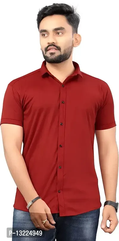 SR Enterprise Men's Lycra Blend Solid Half Sleeve Casual Spread Collared Shirt (Maroon) (Size: X-Large)-thumb0