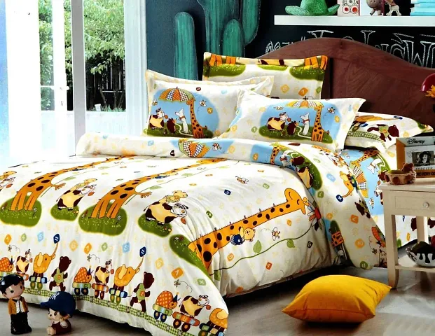 Amvy Creation 200 TC Glace Cotton Kids Printed Double Bedsheet with 2 Pillow Covers (Multicolour, Size 90 x 100 Inch)