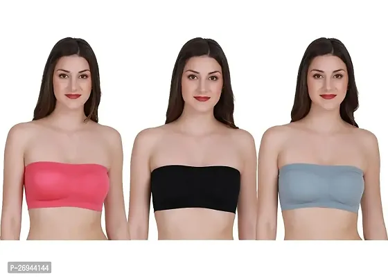 Pack Of 3 Women's Cotton Wire Free, Strapless, Non-Padded Tube Bra (Black, Pink, Blue)-thumb0