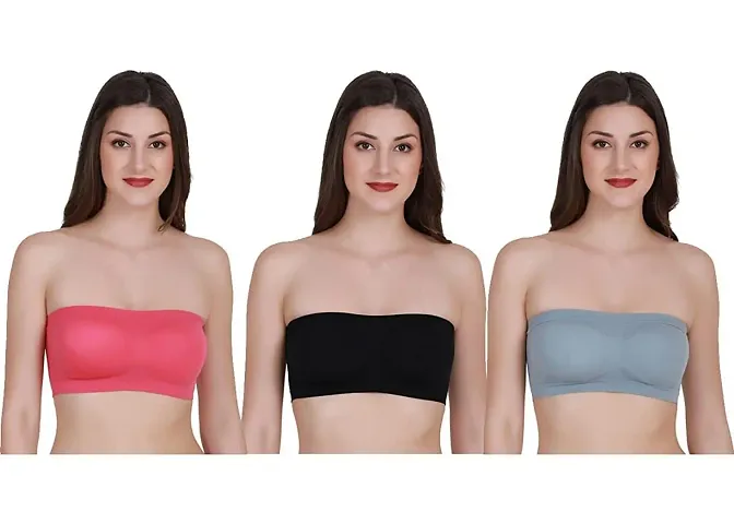 Pack Of 3 Women's Cotton Wire Free, Strapless, Non-Padded Tube Bra (Black, Pink, Blue)