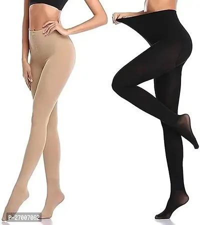 Pack Of 2 Women High Waist Skin Stockings Fiber Excellent Stretch Sheer Tights Long Comfort Super Soft Pantyhose(Black, Beige)-thumb0