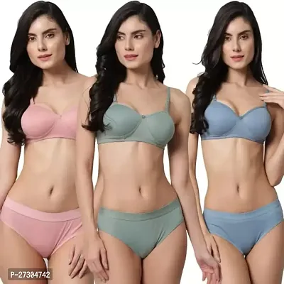 Pack Of 3 Women Lingerie Set Full with Coverage Non-Padded Women Cotton Bra Panty Set Sexy (Pink, Blue, Green)-thumb0