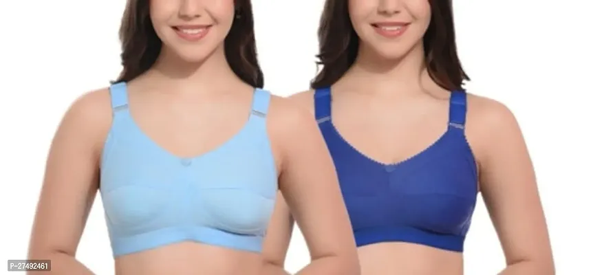 Pack Of 2 Women's Wirefree Non Padded Super Combed Cotton Elastane Stretch Full Coverage Everyday Bra(Blue, Navy Blue)-thumb0