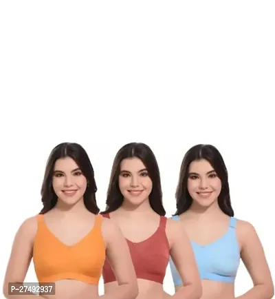 Pack Of 3 Women's Wirefree Non Padded Super Combed Cotton Elastane Stretch Full Coverage Everyday Bra(Yellow, Red, Blue)