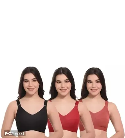 Pack Of 3 Women's Wirefree Non Padded Super Combed Cotton Elastane Stretch Full Coverage Everyday Bra(Black, Red, Brown)