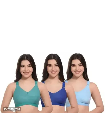 Pack Of 3 Women's Wirefree Non Padded Super Combed Cotton Elastane Stretch Full Coverage Everyday Bra(Blue, Navy Blue, Turquoise)