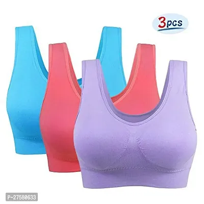 Pack Of 3 Women Cotton Non Padded Non-Wired Air Sports Bra(Purple, Pink, Blue)-thumb0