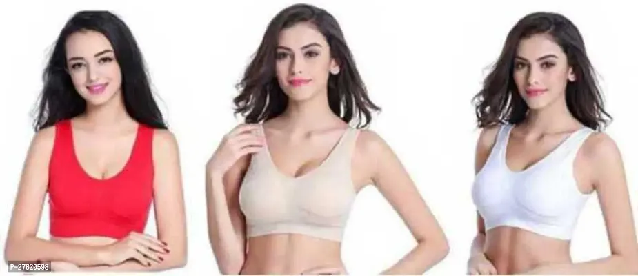 Pack Of 3 Women Cotton Non Padded Non-Wired Air Sports Bra(Red, Beige, White)-thumb0