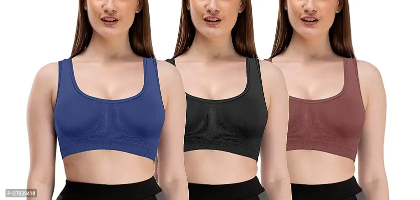 Pack Of 3 Women Cotton Non Padded Non-Wired Air Sports Bra (Blue, Black, Brown)-thumb0