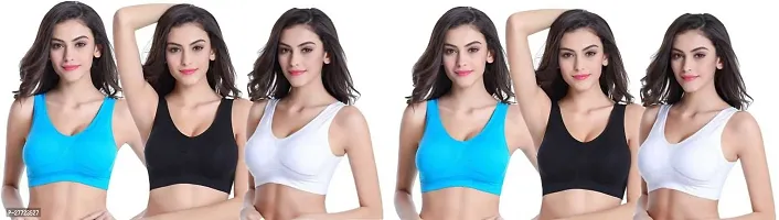 Pack Of 6 Women Cotton Non Padded Non-Wired Air Sports Bra(Black, Blue, White)