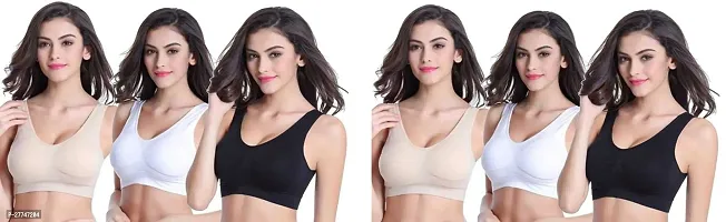 Pack Of 6 Women Cotton Non Padded Non-Wired Air Sports Bra (Black, Beige, White)