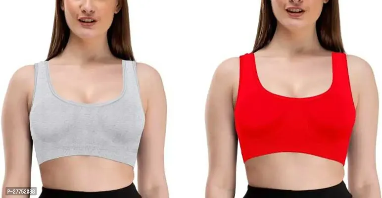 Pack Of 2 Women Cotton Non Padded Non-Wired Air Sports Bra(Red, Grey)-thumb0