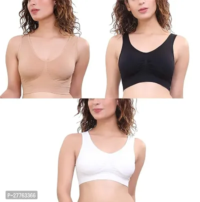 Pack Of 3 Women Cotton Non Padded Non-Wired Air Sports Bra (Black, Beige, White)