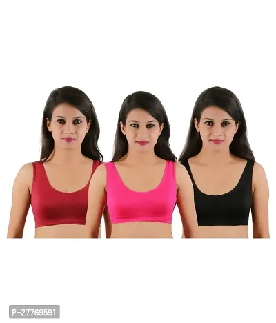 Pack Of 3 Women Cotton Non Padded Non-Wired Air Sports Bra (Black, Pink, Red)-thumb0