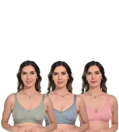 Pack Of 3 Women's Wirefree Non Padded Super Combed Elastane Stretch Full Coverage Everyday Bra(Green, Blue, Pink)