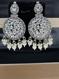 SIPSA Designer Party Wear Antique Kundan collection Party Wear Clear Beads, Crystal German Silver Dagnal Earring-thumb3