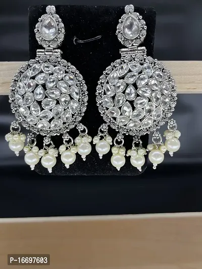 SIPSA Designer Party Wear Antique Kundan collection Party Wear Clear Beads, Crystal German Silver Dagnal Earring-thumb4