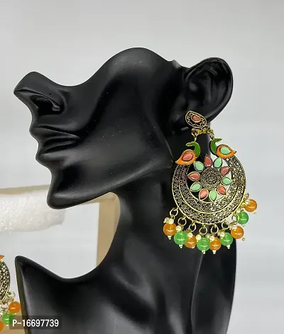 SIPSA Trendy Kundan Heavy Colorfull Earrings for womens and girls (Orange,Green)-thumb2