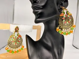 SIPSA Trendy Kundan Heavy Colorfull Earrings for womens and girls (Orange,Green)-thumb2