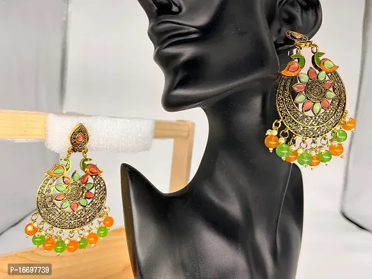 SIPSA Trendy Kundan Heavy Colorfull Earrings for womens and girls (Orange,Green)-thumb3