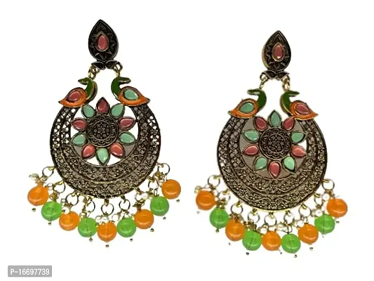 SIPSA Trendy Kundan Heavy Colorfull Earrings for womens and girls (Orange,Green)-thumb0