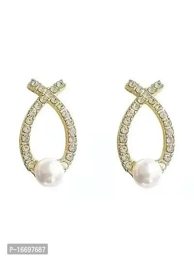 Sipsa Trendy Korean AD Stud Cross Pearl Stud Earrings Jewellery For Women And Girls.